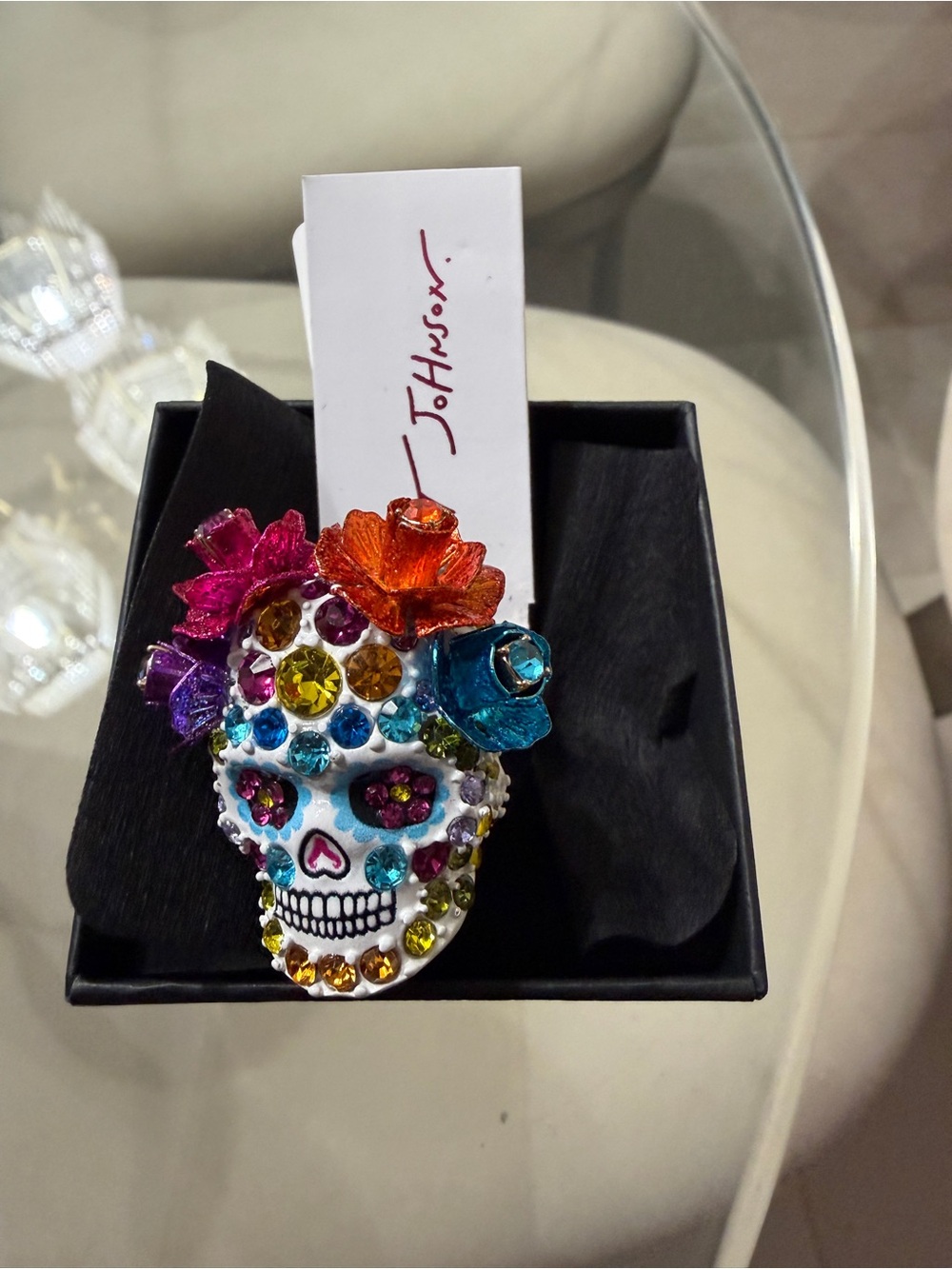 Betsey Johnson Multicolor Crystal Sugar Skull stretch ring with Floral Accents